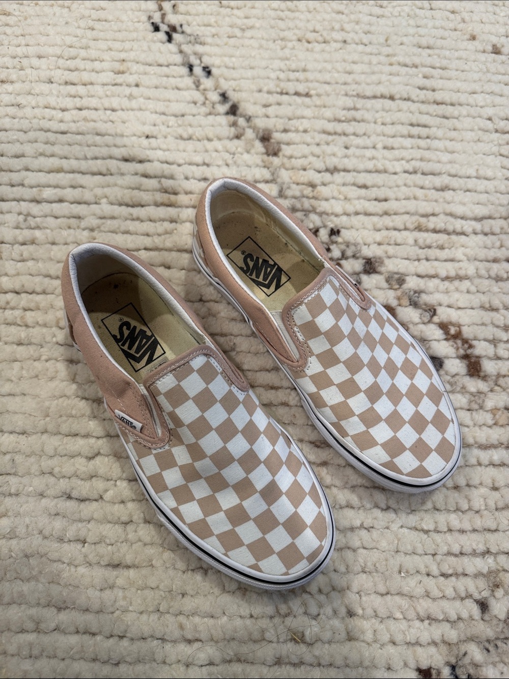 Vans Classic Slip-On Checkerboard Shoes - Tan/White 7.5